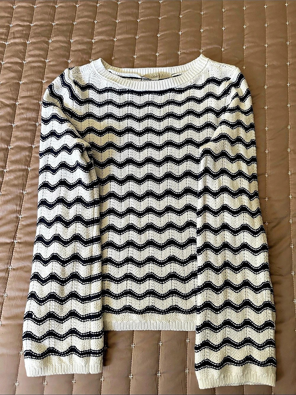 LOFT Navy and White Wave-Striped Crewneck Sweater Geometric Crewneck Sweater in
